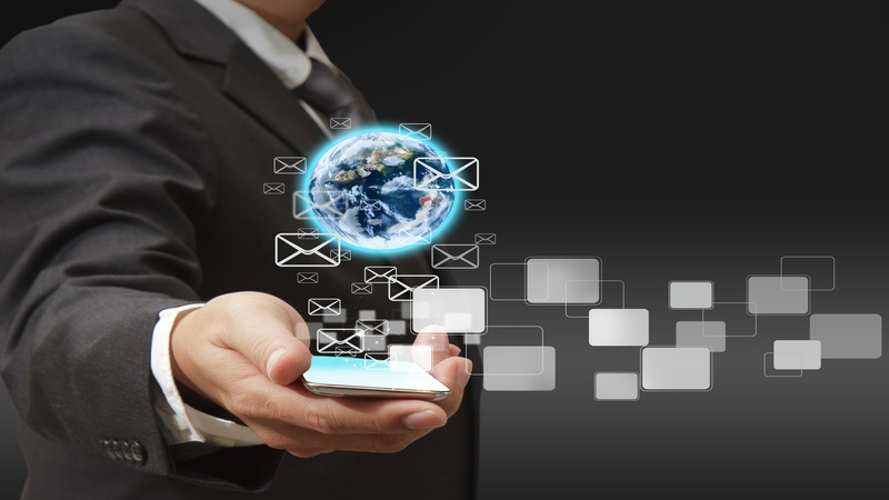 11566747 – touch screen mobile phone in businessman hand